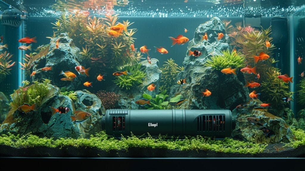 A collection of aquarium heaters from Fluval, Eheim, and Aqueon in various sizes and styles.
