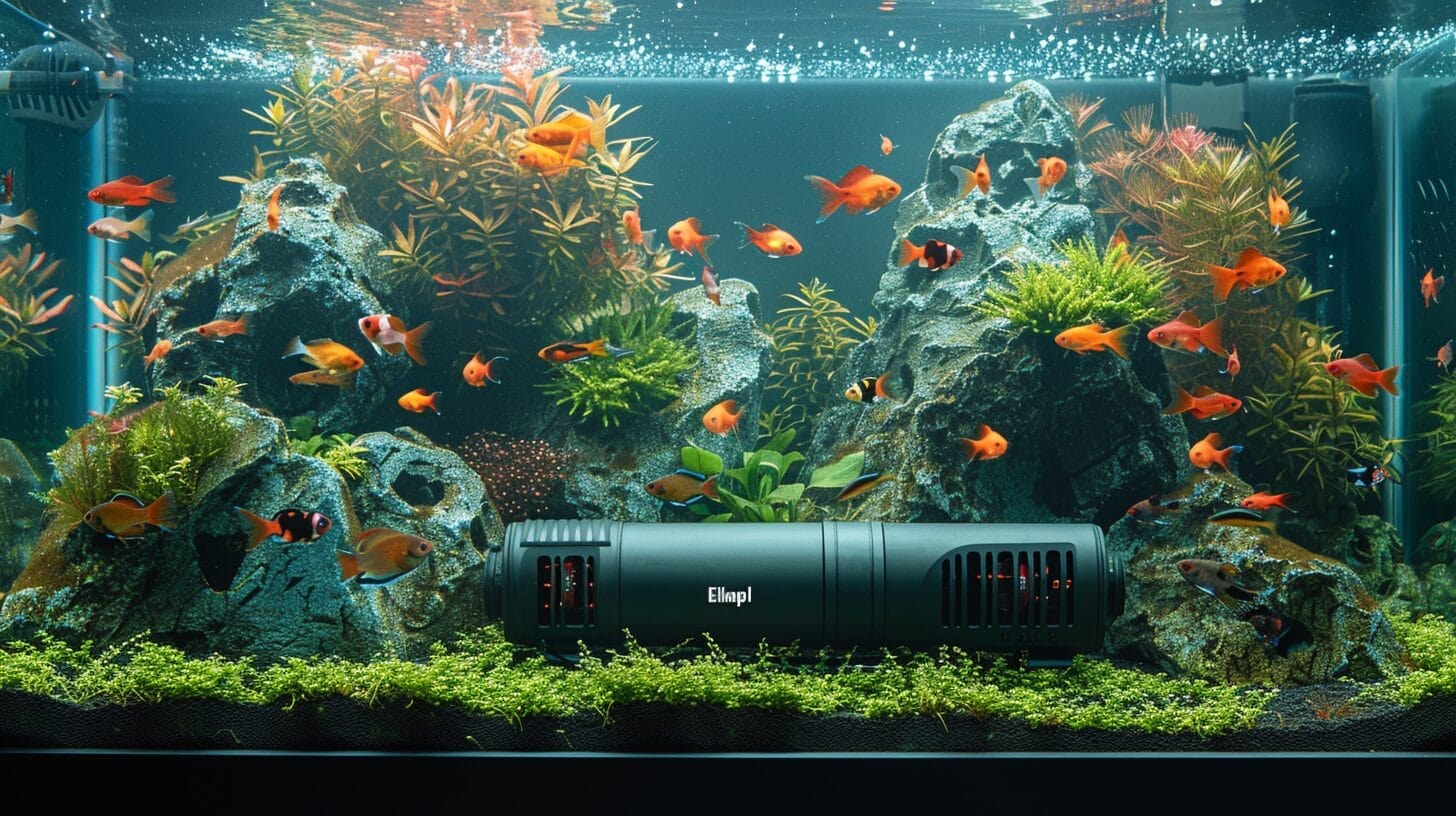 A collection of aquarium heaters from Fluval, Eheim, and Aqueon in various sizes and styles.