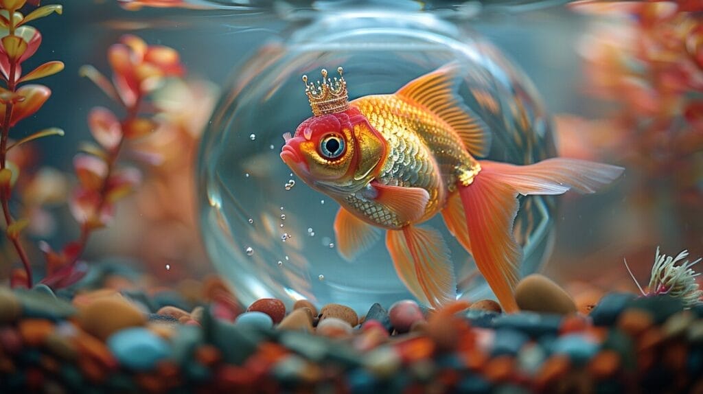 A crowned goldfish in a bowl with colorful toys.