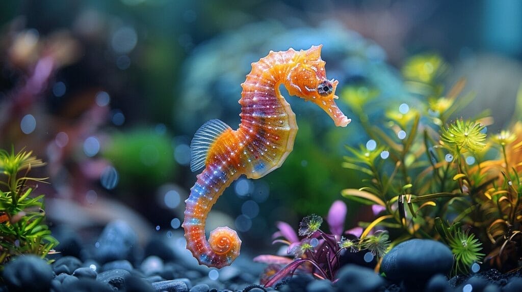 A digital image of a vibrant home aquarium with lush green plants, smooth river stones, and delicate seahorses.