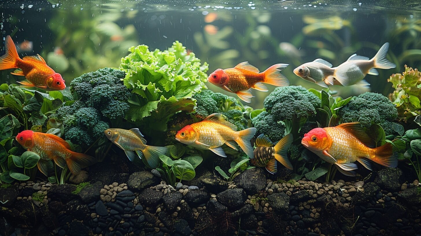 A fish tank filled with lively fish swimming among a variety of vibrant vegetables including zucchini, spinach, and peas.