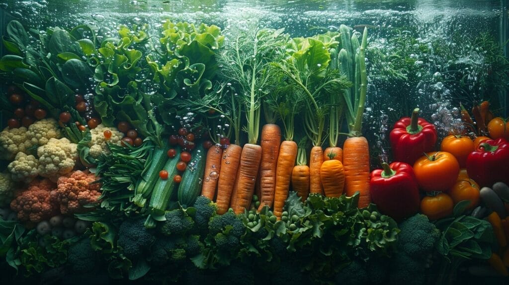A fish tank filled with vivid fish moving around an assortment of colorful vegetables like zucchini, spinach, and peas.