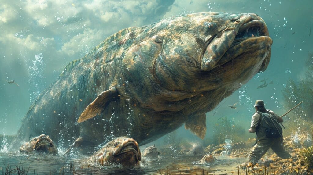 A fisherman underwater holding a large, prehistoric sturgeon, with other freshwater creatures in the background.