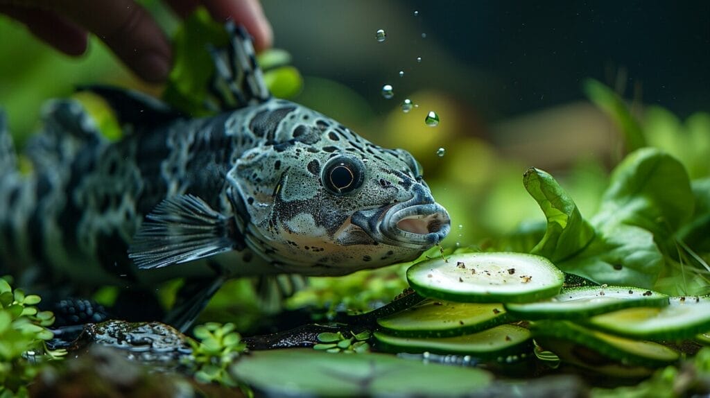 A hand holding a dish of blanched zucchini slices, algae wafers, and cucumber slices, with an Otocinclus catfish eagerly feeding from it.
