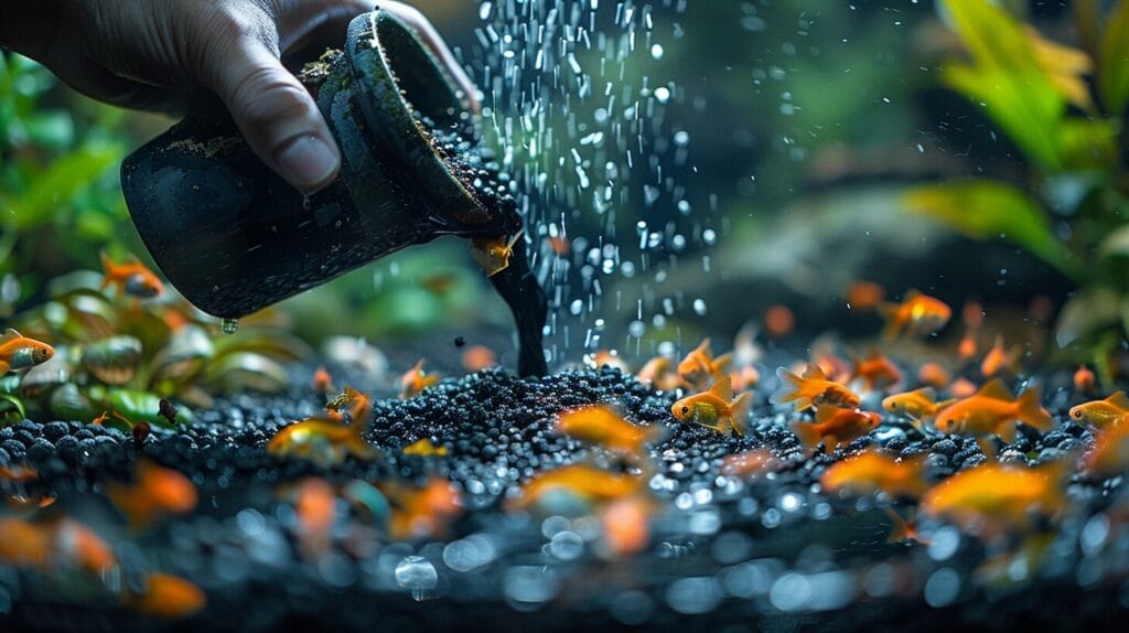 A hand pouring potting soil into a murky aquarium with wilting plants and swimming fish.