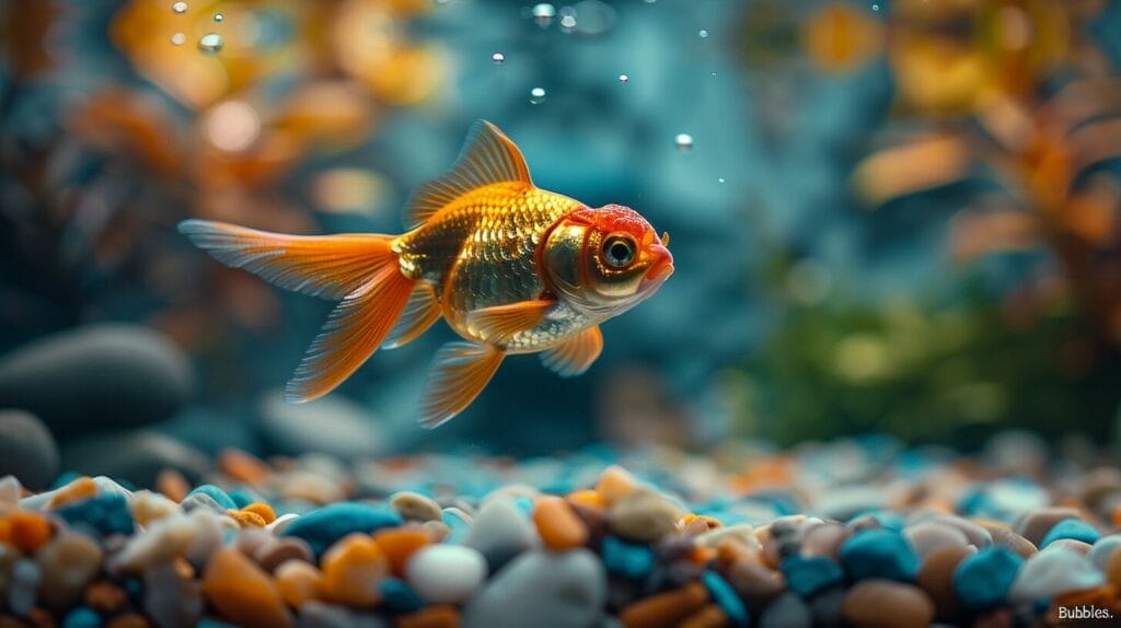 Good Goldfish Names A happy goldfish named 'Bubbles' in a decorated bowl.