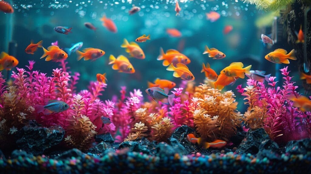A lively, colorful fish tank is framed by essential aquarium cleaning supplies.