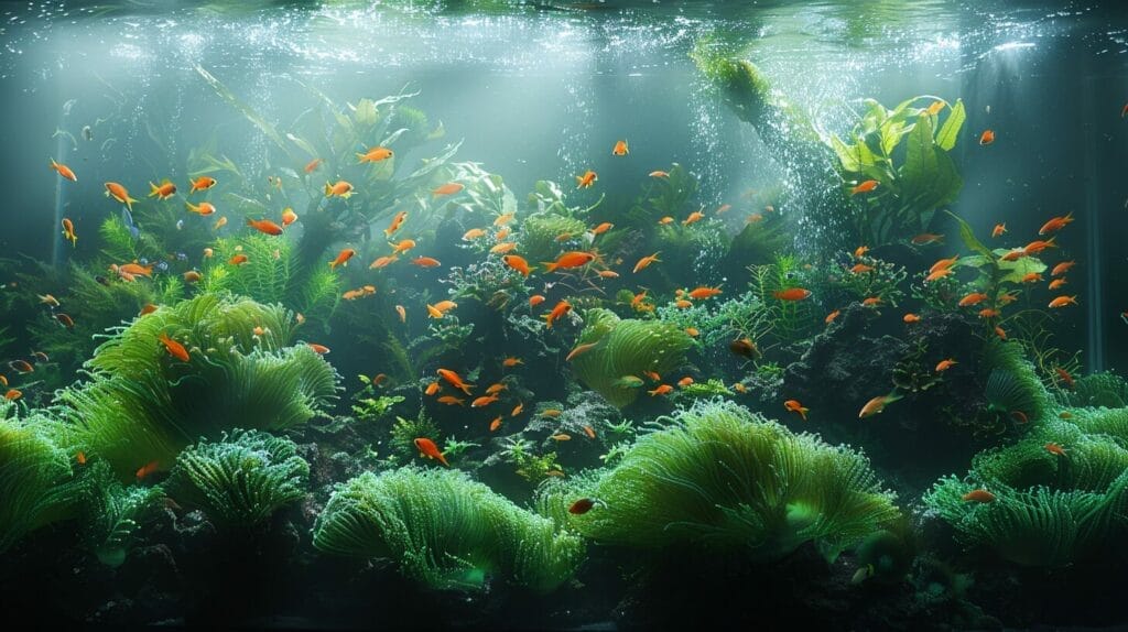 A reef tank swathed in dense green hair algae, obscuring corals and impeding fish, highlighting ecosystem degradation.