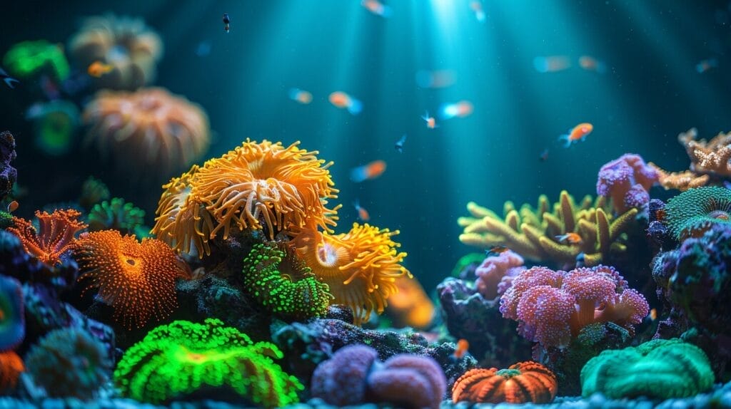 A reef tank with both flourishing corals and areas heavily affected by vibrant green hair algae.