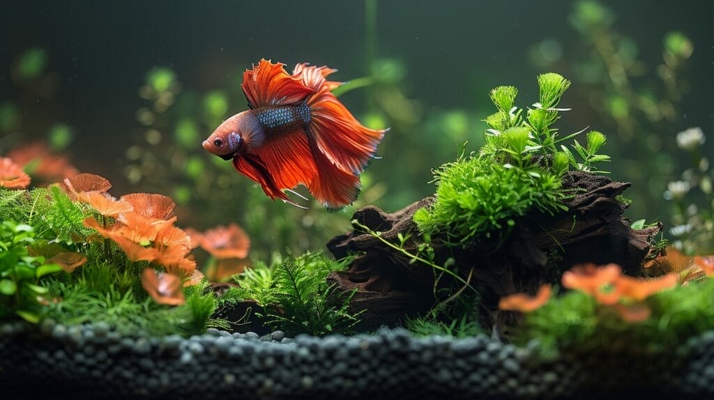 A spacious aquarium with green plants, smooth rocks and a colorful betta fish swimming in clear water.