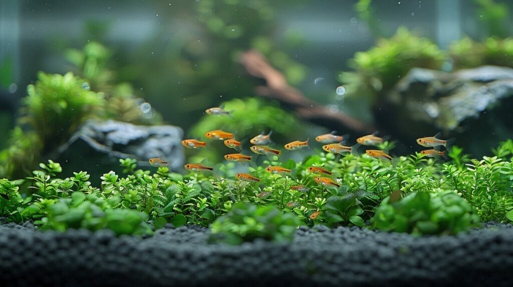 A vibrant aquarium filled with green plants, small rocks, and Otocinclus catfish grazing on algae-covered surfaces, alongside a driftwood piece.