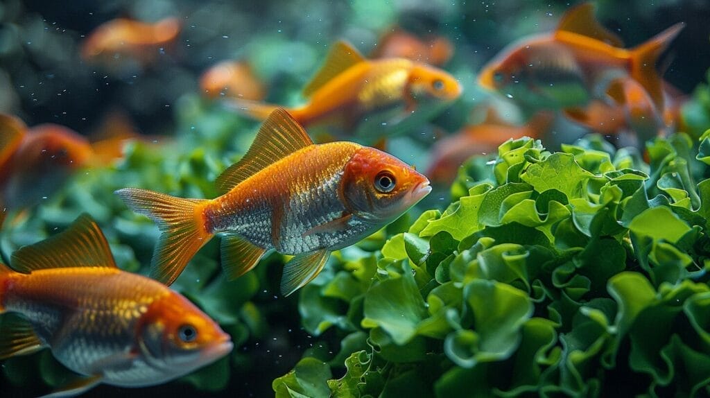 An aquarium tank with clear water and fish enthusiastically eating a variety of vibrant leafy greens and colorful vegetables