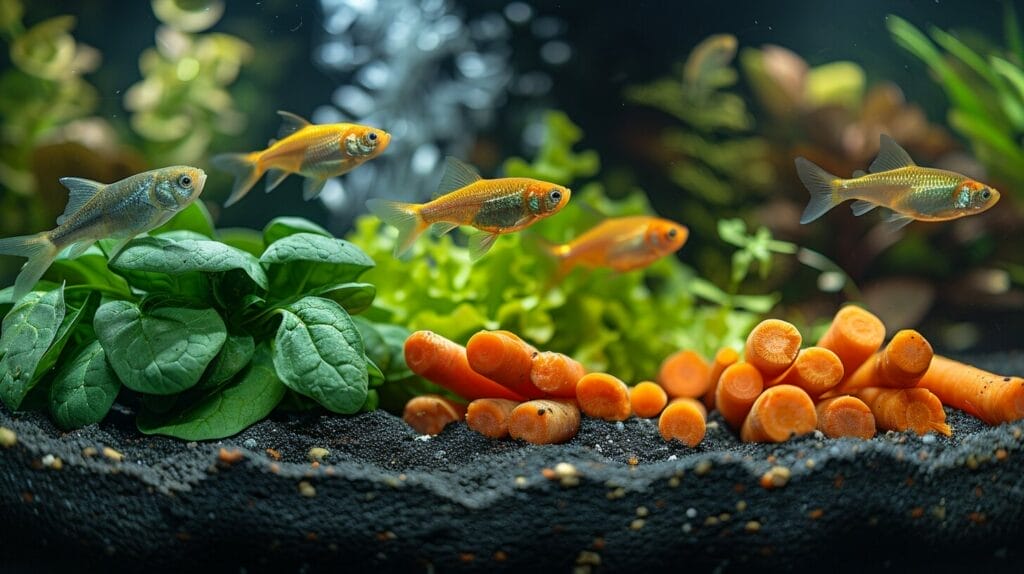 An aquarium with radiant fish placed beside an arrangement of colorful vegetables including spinach, zucchini, and carrots.