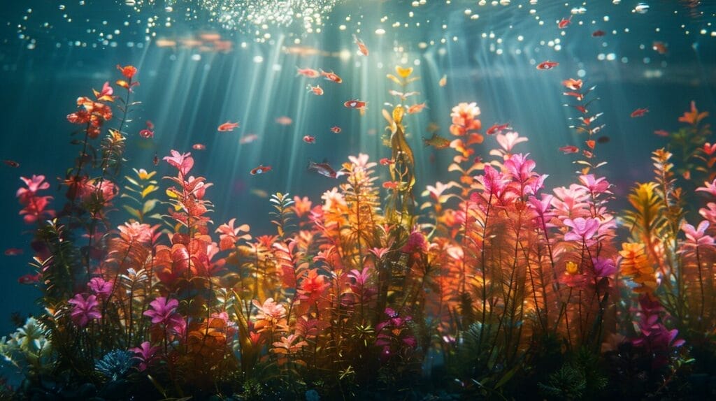 An image depicting a thriving underwater aquarium filled with lush, vibrant aquatic plants benefiting from the use of quality liquid fertilizer.