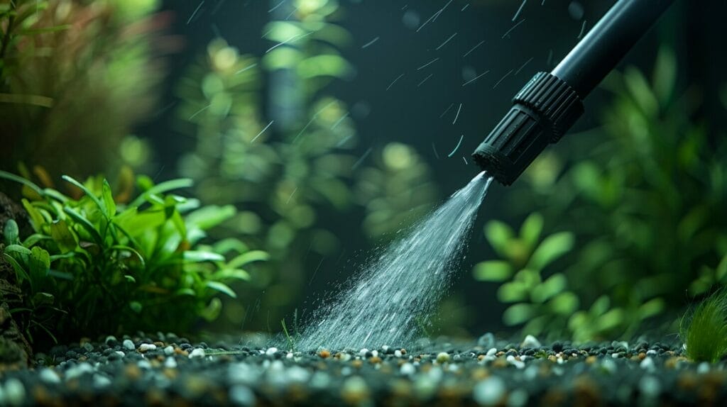 An image of a modern, sleek aquarium vacuum with clear tubing, powerfully sucking up debris from the gravel substrate, emphasizing efficient cleaning.