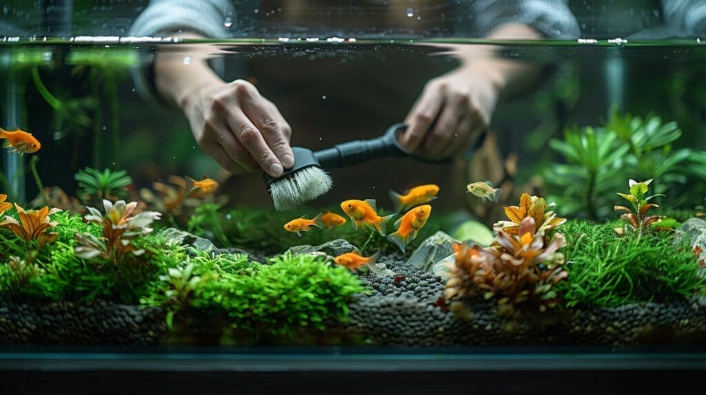 An individual cleans a small freshwater aquarium using various cleaning tools.