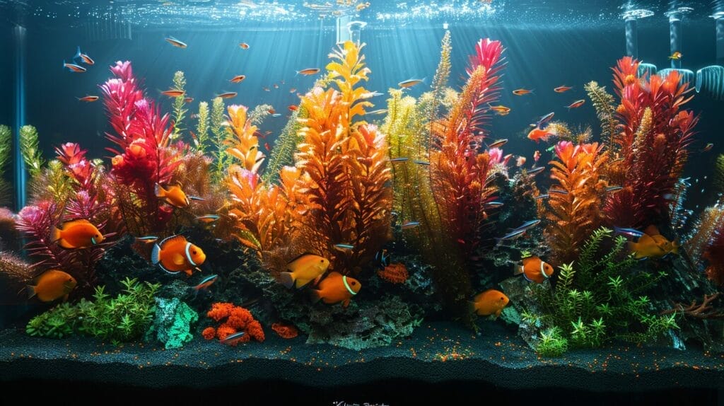 Aquarium heaters among vibrant, healthy fish in a lush tank environment.