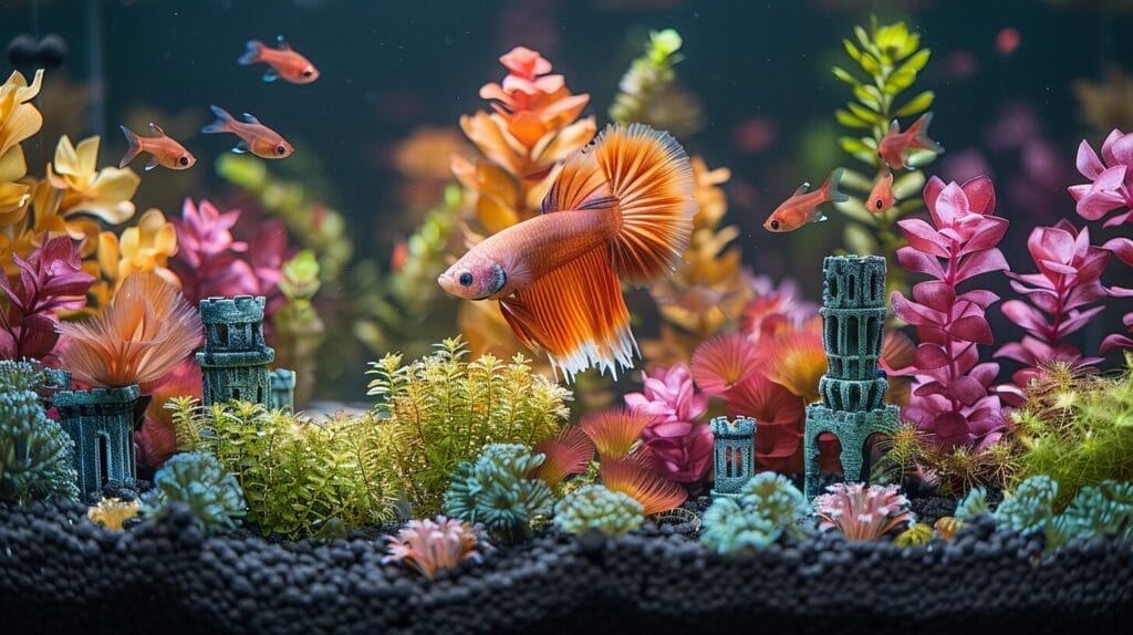 Assorted colorful and intricate betta fish tank ornaments including castles, plants, and caves