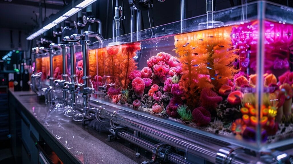 Automated aquarium water system with colorful tank, clear tubes, and flowing water.
