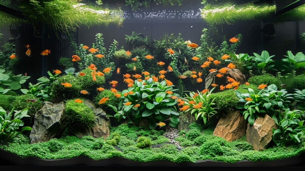 Balanced and vibrant aquascaping tank with lush greenery and colorful fish.