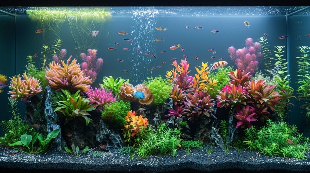 Beautifully arranged aquascaping tank with vibrant plants and fish.