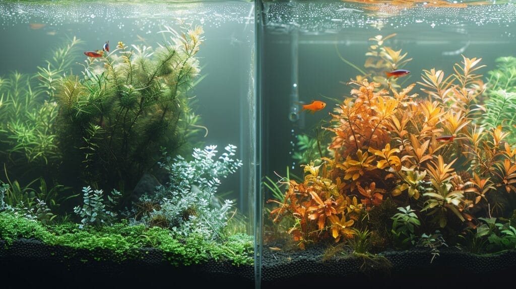 Before and after images of an aquarium, first filled with green algae, then clean after peroxide treatment.