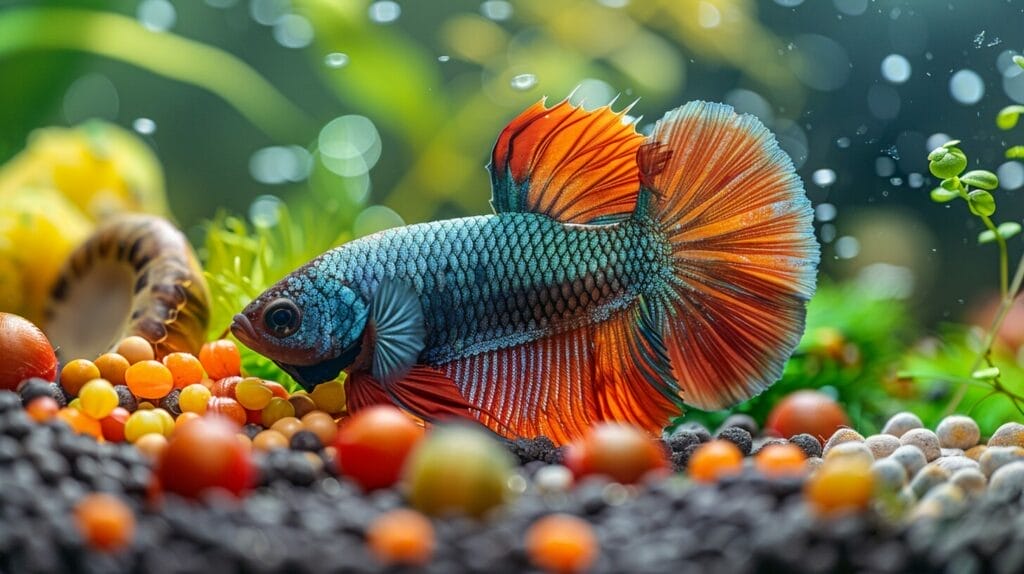 Betta fish with diverse foods, highlighting dietary variety.