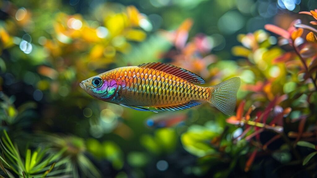 Boesmans Rainbow Fish in a spacious and densely planted aquarium with clear water and optimal lighting.