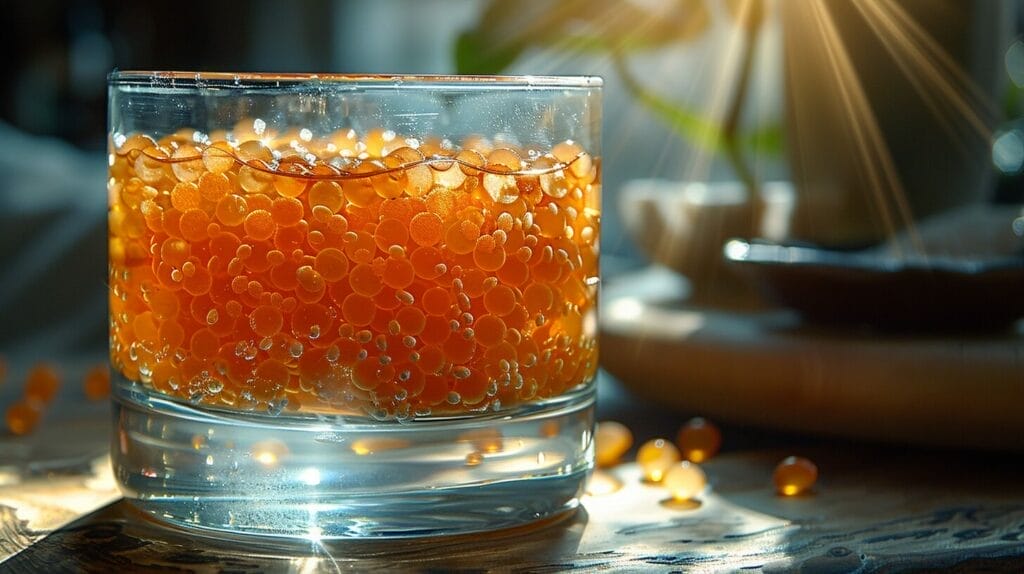 Bright orange brine shrimp eggs in clear glass container, illuminated by warm light.