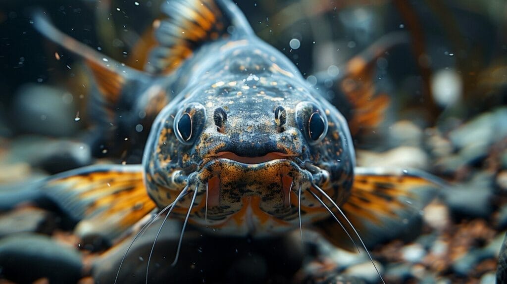 Close-up image of a catfish with intricate scales, emphasizing its unique features and textures, illustrating the beauty and importance of scaled catfish in their natural habitat.