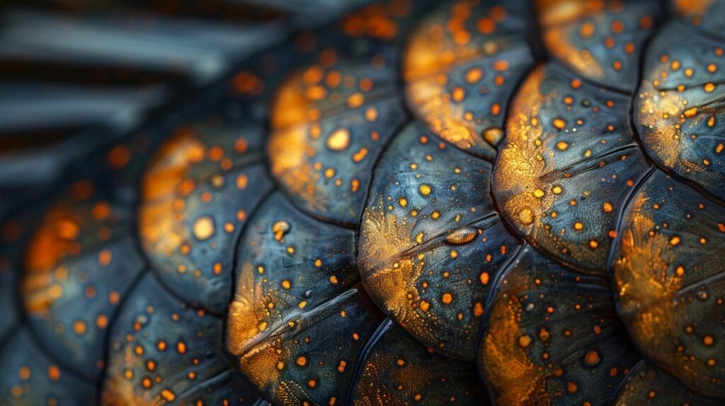 Close-up image of a catfish's scales shimmering in the sunlight