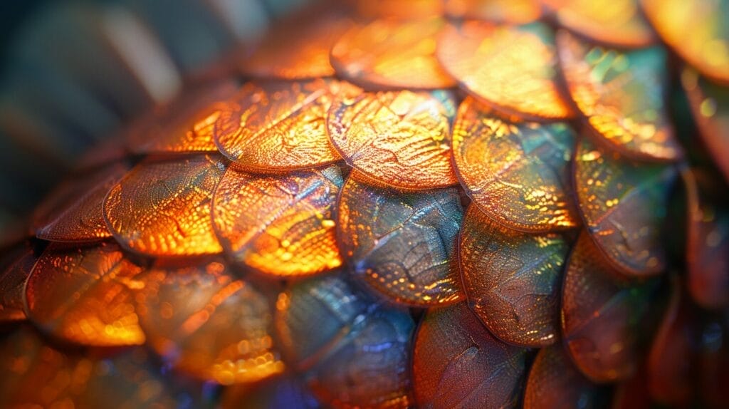 Close-up of a catfish's shimmering, iridescent scales in sunlight, highlighting their intricate patterns and textures.