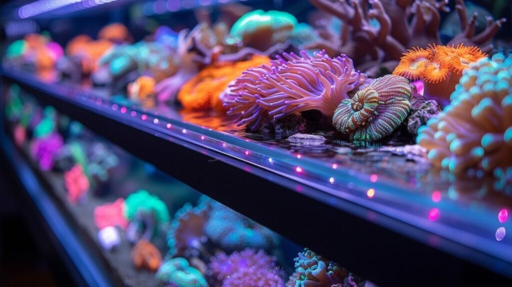 Close-up of acrylic lid with LEDs over a coral reef tank.