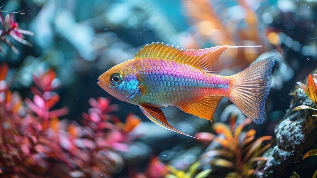 Colorful Boesmans Rainbow Fish feeding on small flakes and pellets in a vibrant, plant-filled aquarium.
