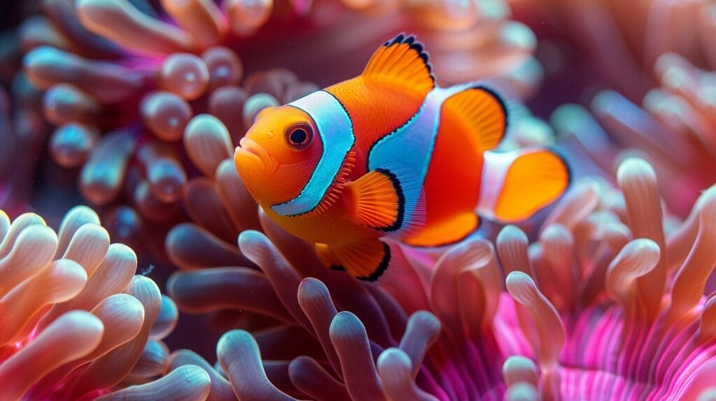 Colorful clownfish with sea anemone