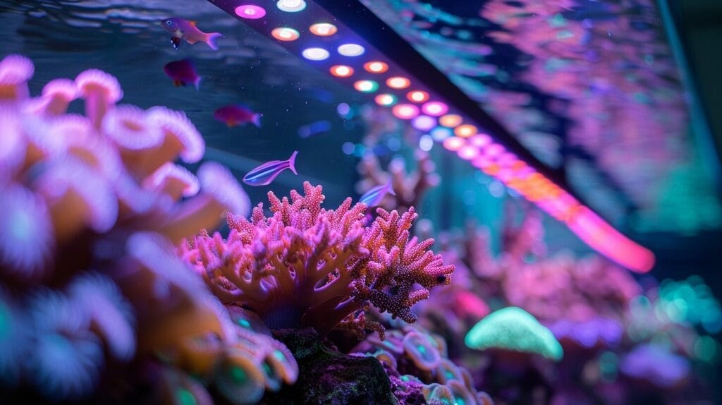 Colorful fish under LED light in a vibrant underwater scene.