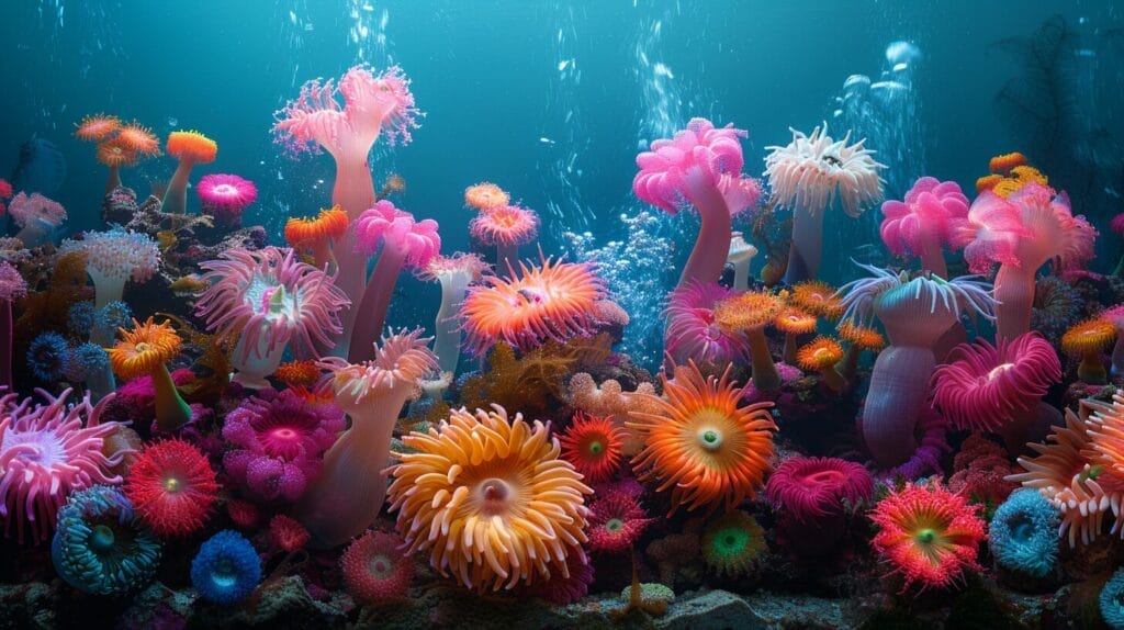 Colorful reef tank with diverse anemones