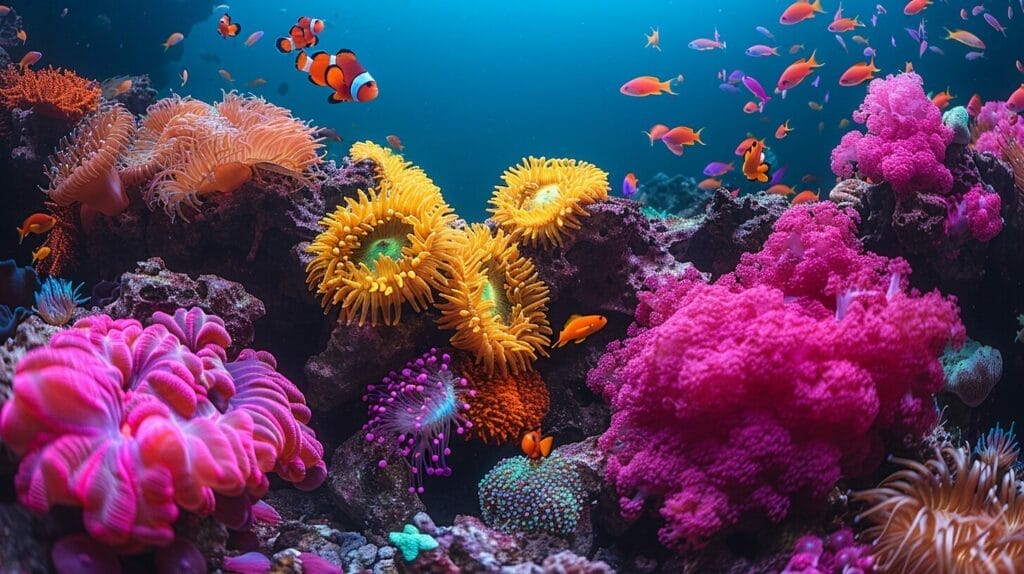 Colorful reef tank with diverse anemones and fish