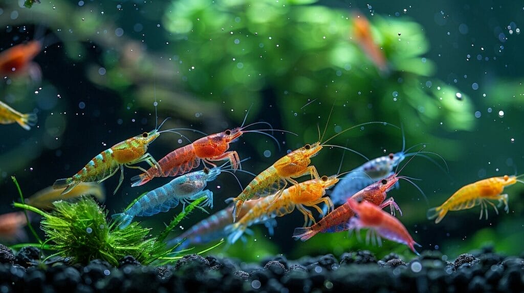 Colorful shrimp tank with various species and lush greenery.