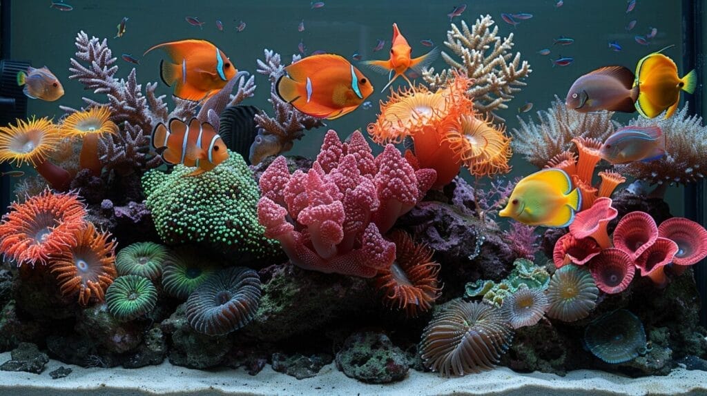 Coral reef aquarium with rare fish showcasing expert fishkeeping complexity.