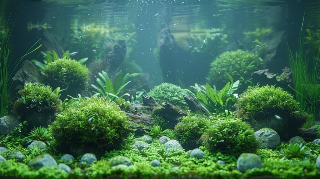 Detailed DIY aquarium showcasing a lush underwater garden with moss balls, driftwood, and tall grasses.