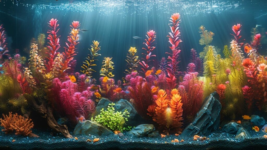 Diverse aquarium decorations with varied textures and colors.