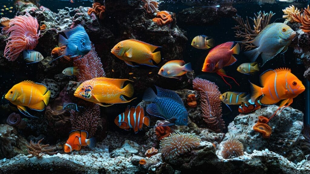 Diverse aquarium with colorful fish and coral