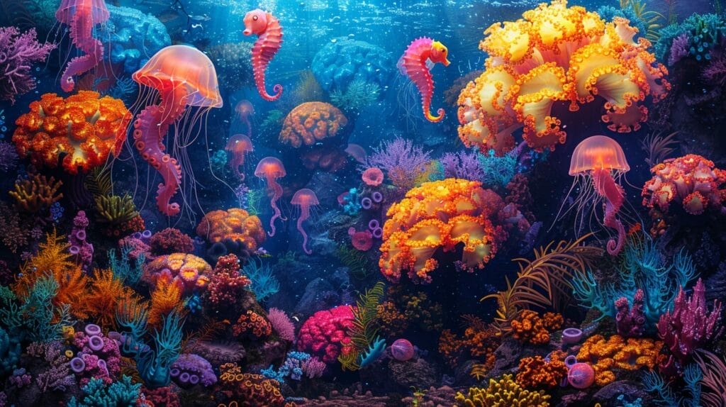Diverse marine life in a vibrant coral reef featuring colorful seahorses, jellyfish, and octopuses.
