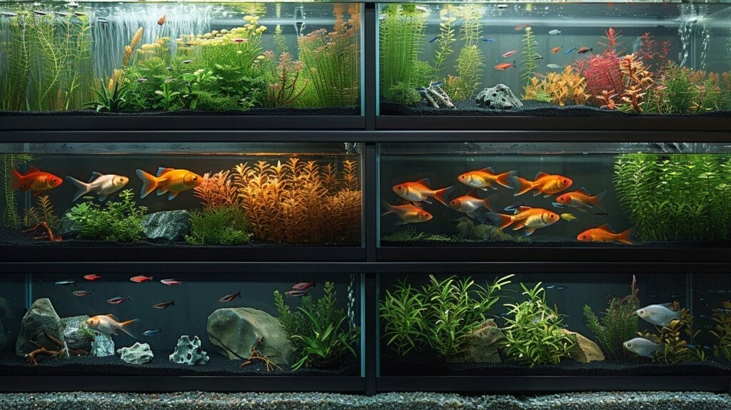 Fish in tanks with varying setups showing care impact