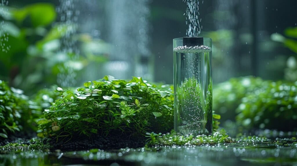 Freshwater aquarium featuring lush plants and a sleek CO2 diffuser dispersing bubbles