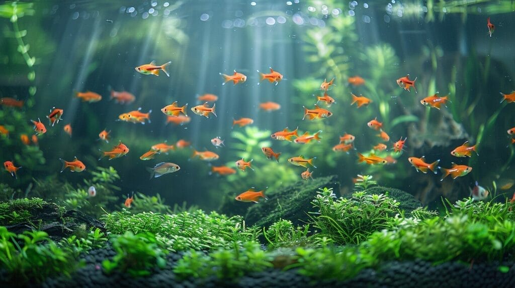 Freshwater aquarium with algae eaters (fish, snails) grazing on algae for a balanced ecosystem.
