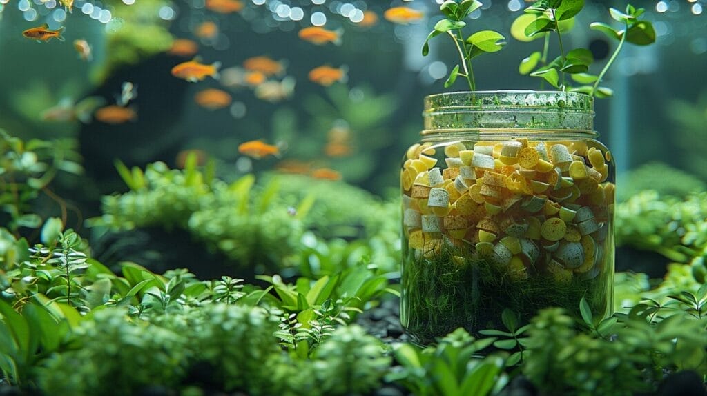 Glass jar with organic mix and thriving aquatic plants in tank.