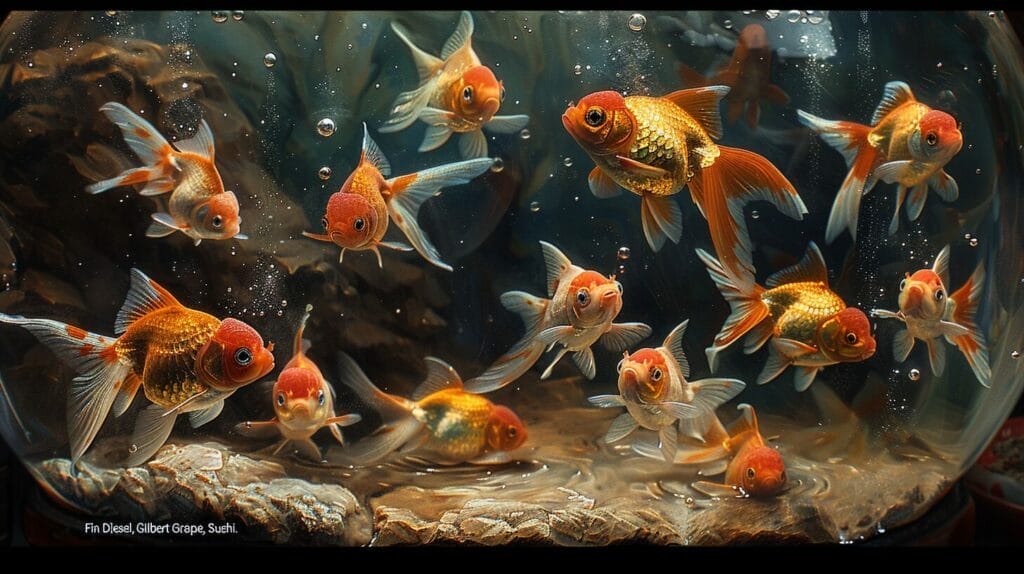 Goldfish bowl with different species and name tags.
