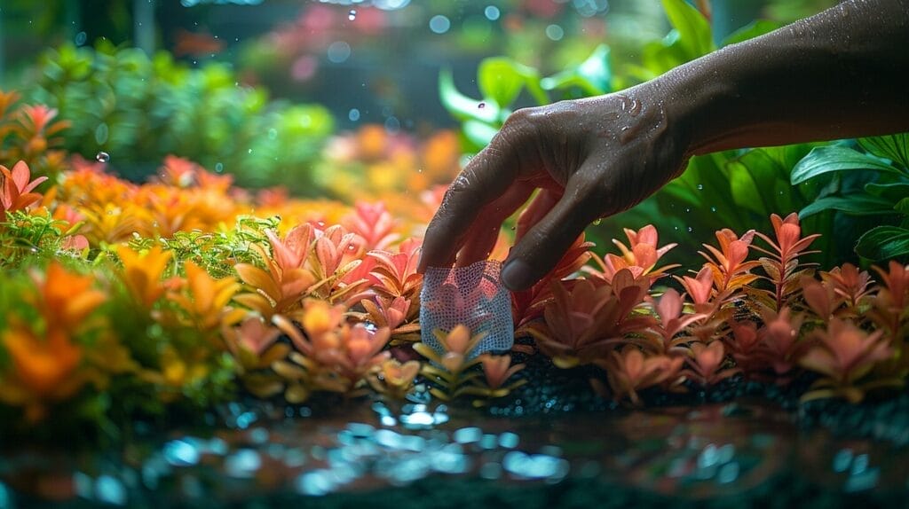 Hand cleaning a vibrant aquarium